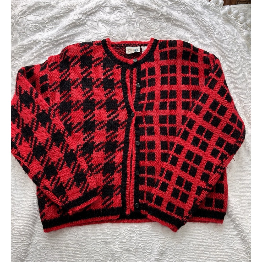 VTG 80s Paul Harris Mohair Blend Cardigan Red Black Houndstooth Windowpane Large